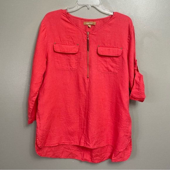 𝅺ELLEN TRACY Linen Tunic Top Roll Tab Sleeve Gold Zipper Tassels Pockets L - Picture 1 of 12